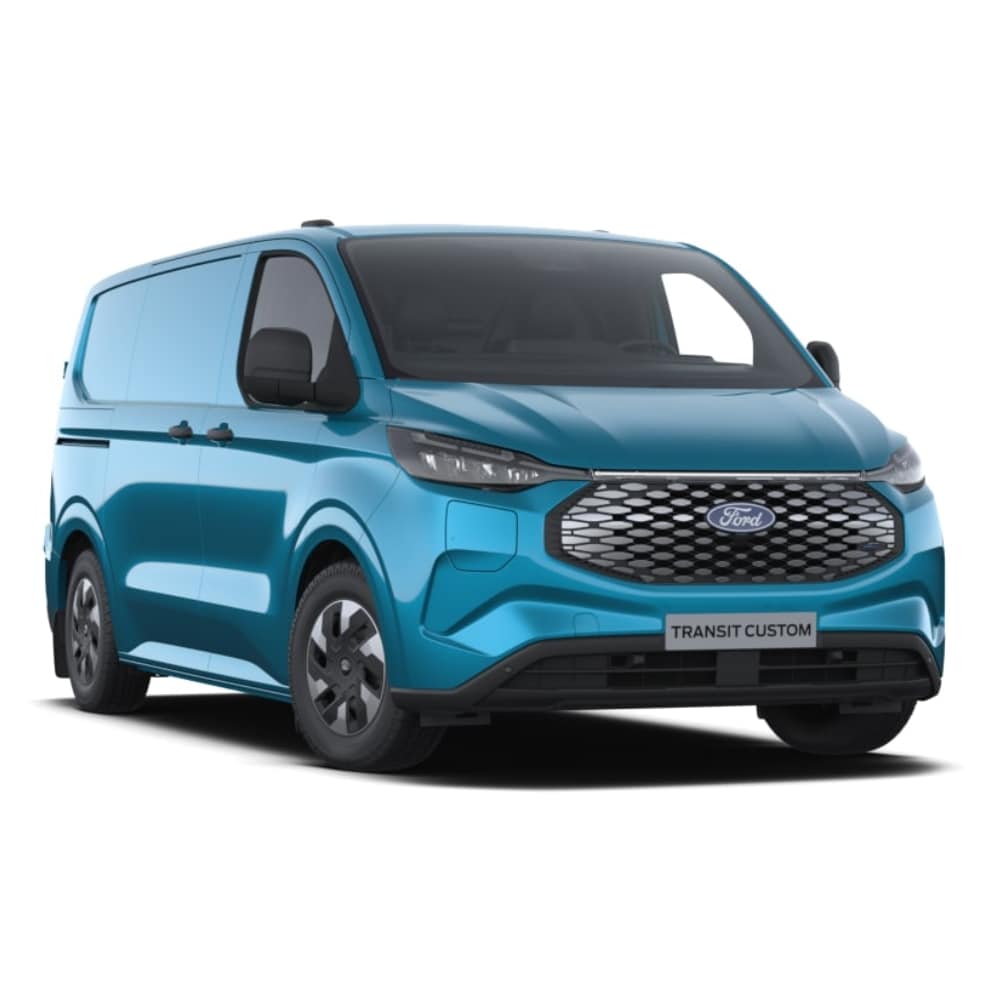 Pohled zepředu na tmavě šedou dodávku Ford E-Transit Custom Trend.