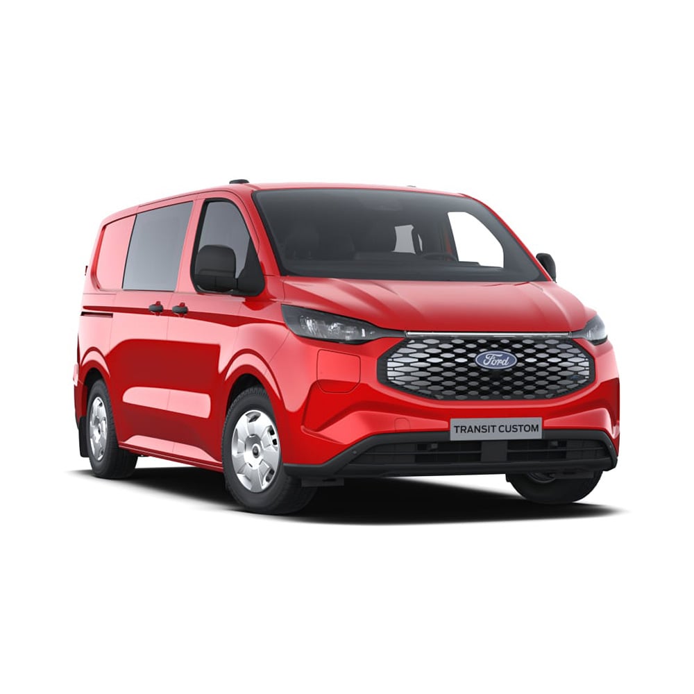 Pohled zepředu na červenou dodávku Ford E-Transit Custom Trend.