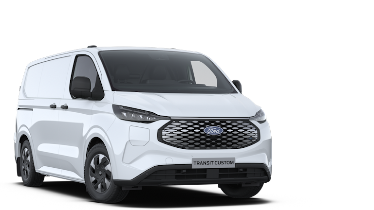 Bílý Ford E-Transit Custom, tříčtvrteční pohled zepředu