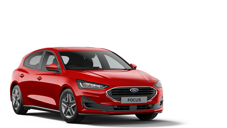 Červený Ford Focus, tříčtvrteční pohled zepředu