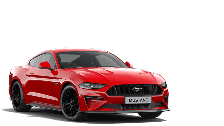 Červený Ford Mustang, tříčtvrteční pohled zepředu