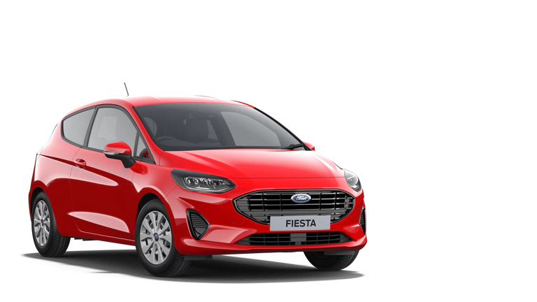 Červený Ford Fiesta, tříčtvrteční pohled zepředu