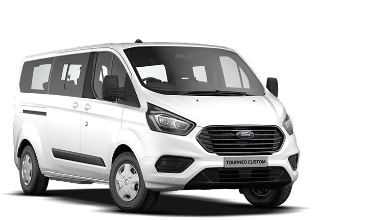 Bílý Ford Tourneo Custom, tříčtvrteční pohled zepředu