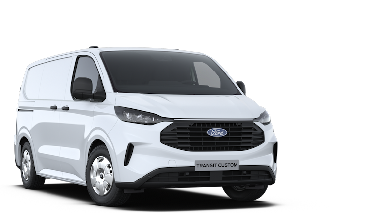 Bílý Ford Tourneo Custom, tříčtvrteční pohled zepředu