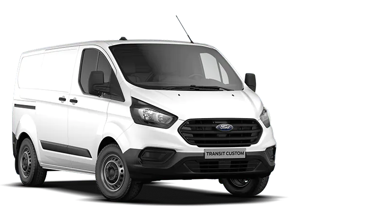 Bílý Ford Transit Custom, tříčtvrteční pohled zepředu