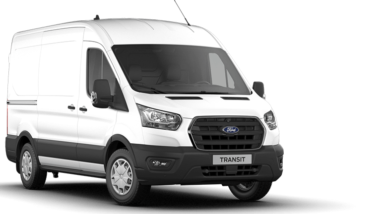 Bílý Ford Transit, tříčtvrteční pohled zepředu