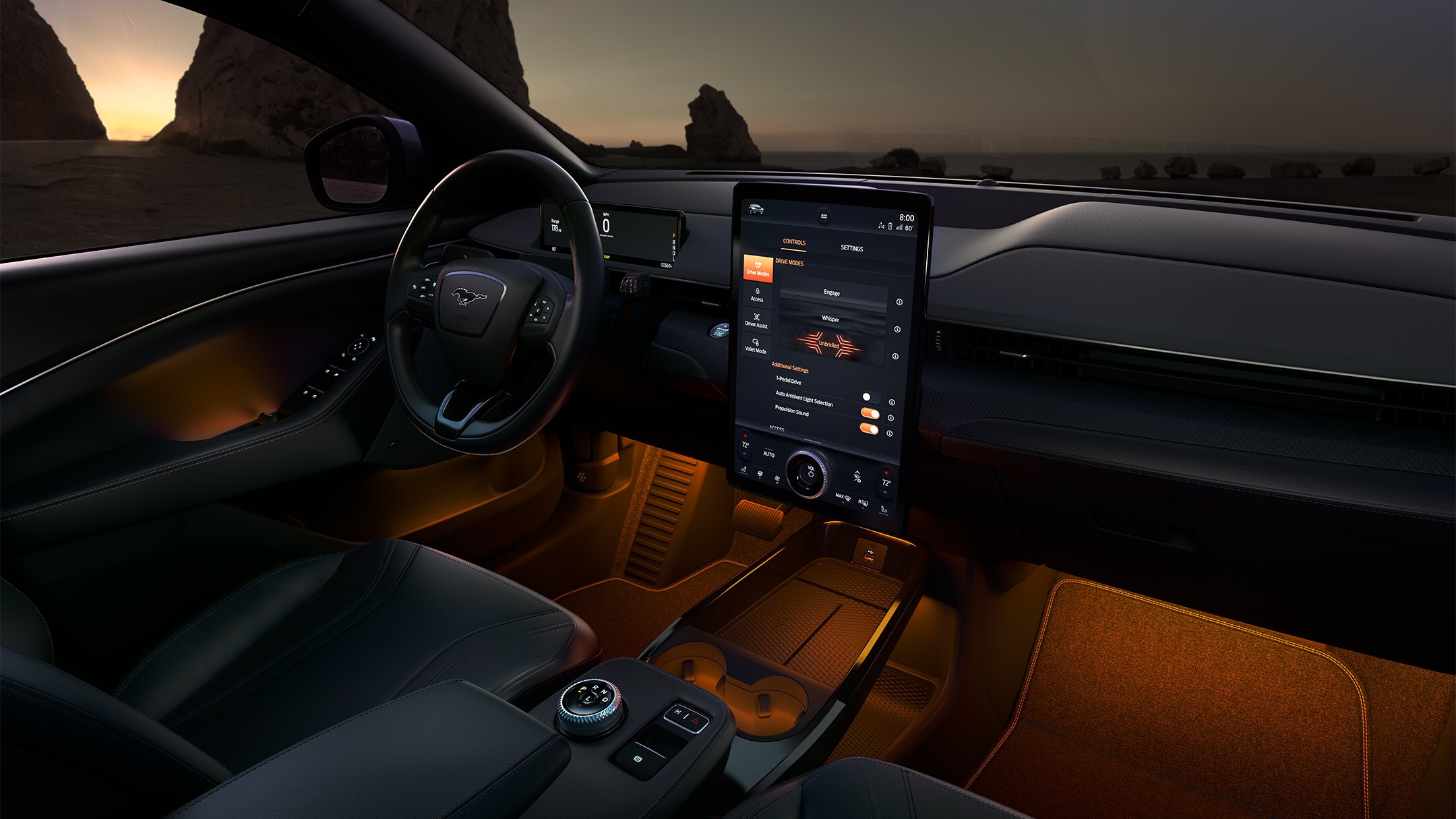 All-New Ford Mustang Mach-E interior with steering wheel and Next Generation Ford SYNC screen