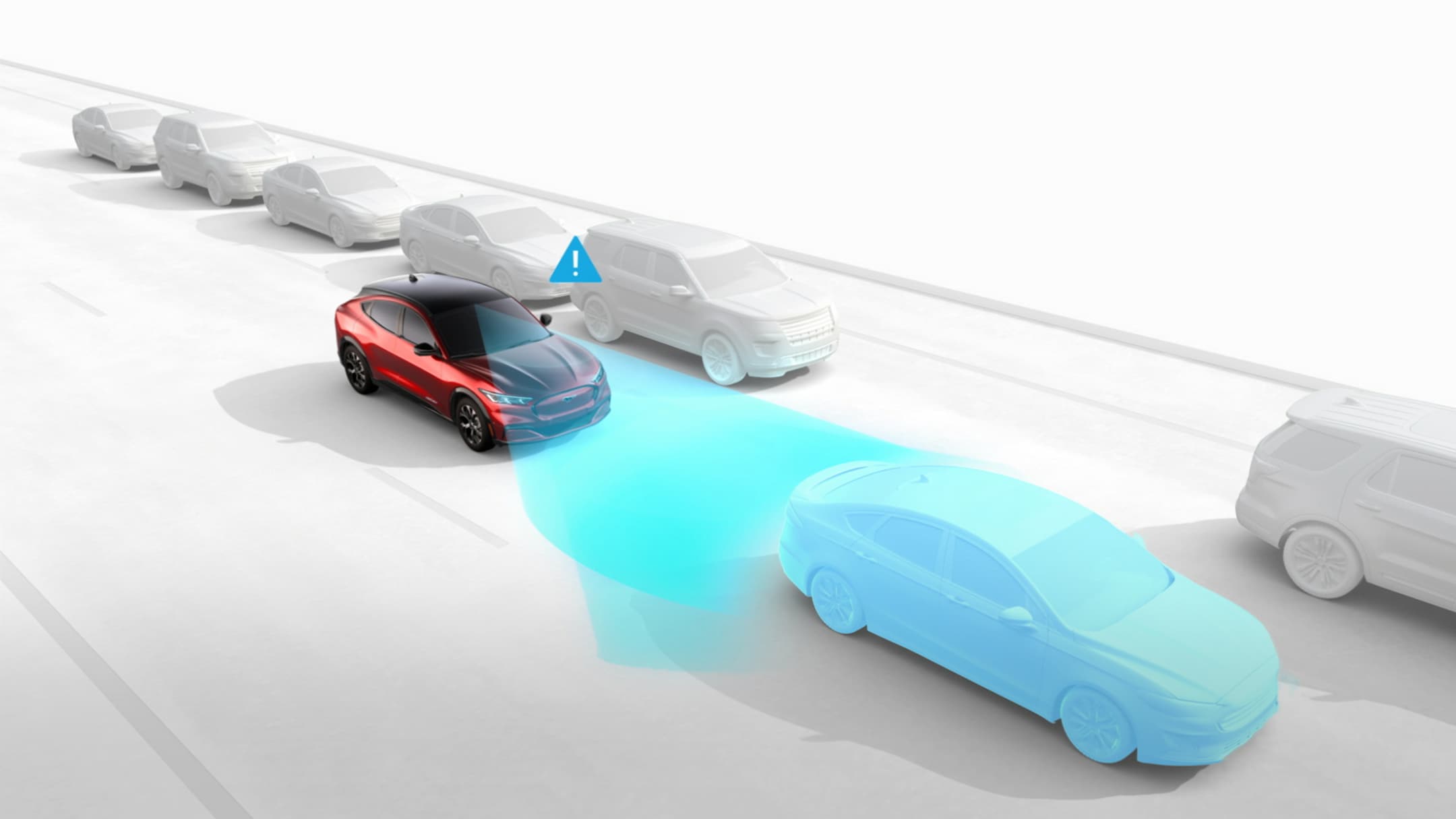 Nový Ford Mustang Mach-E detekuje vozidlo vepředu pomocí Asistenta vyhýbacího manévru