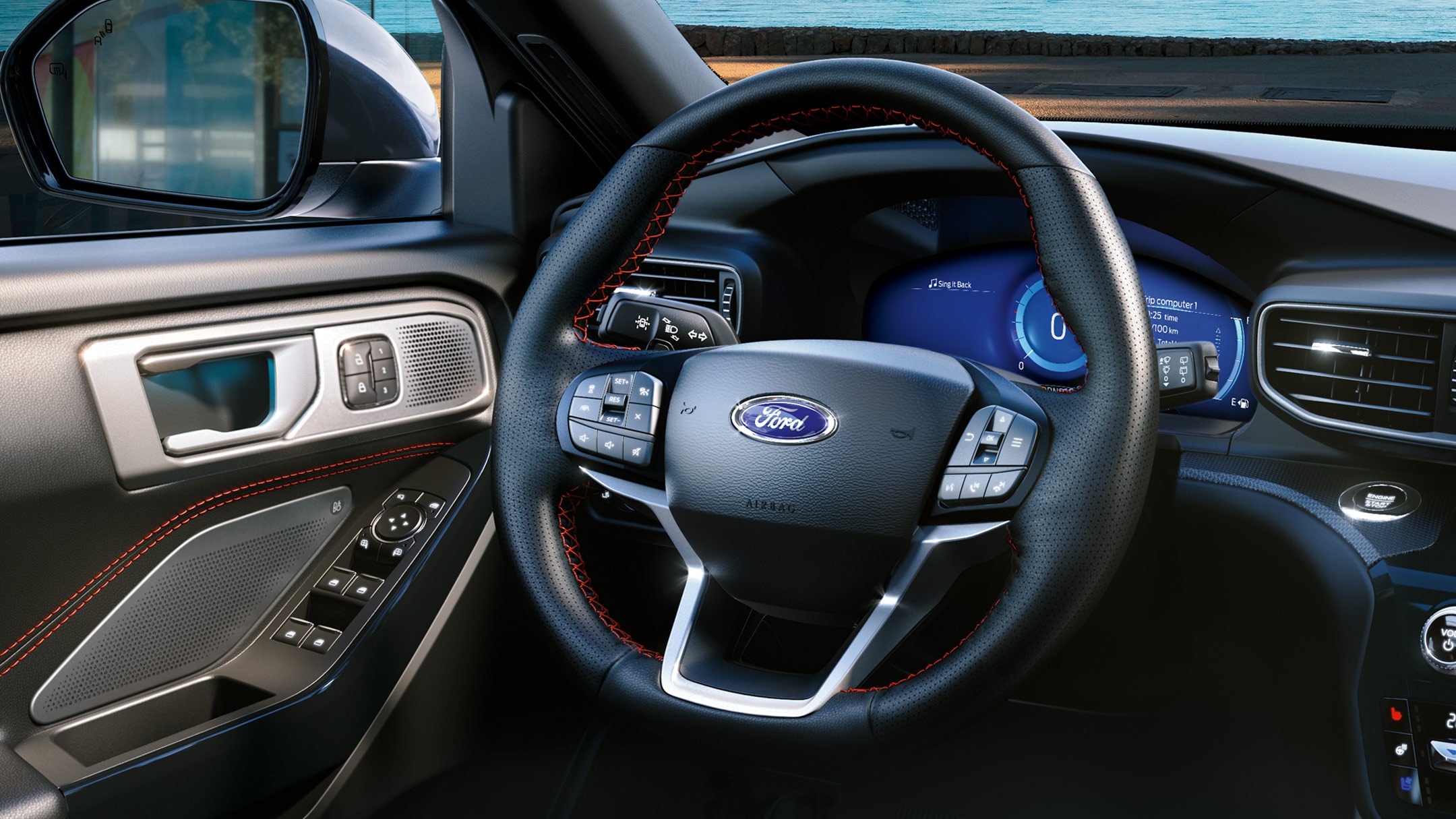 Ford Explorer interior with steering wheel and paddle shifters