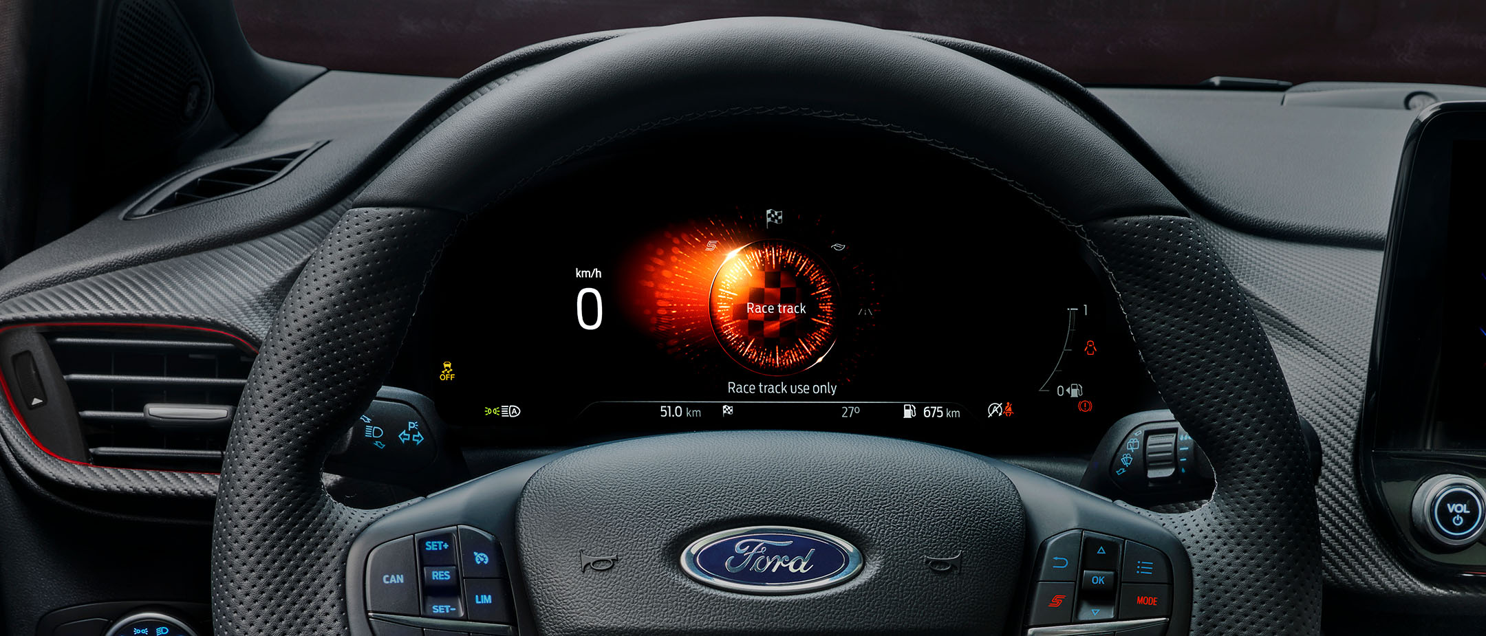 Přístrojová deska Fordu Puma ST zobrazující jízdní režimy