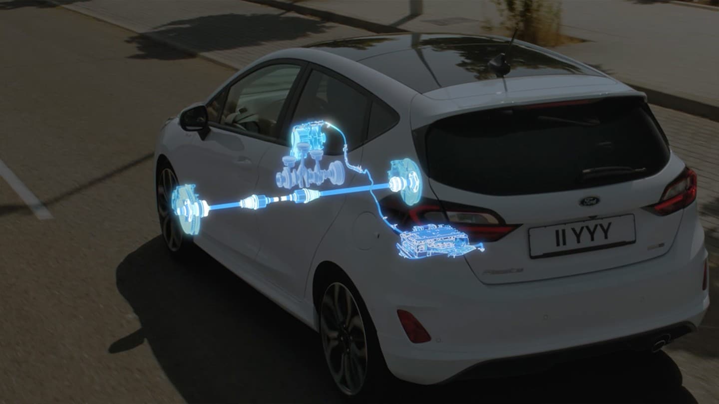 Ford Fiesta front three quarter view from behind, showing the technology inside the vehicle chassis