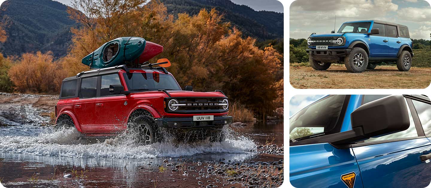 Boční pohled na červený Ford Bronco, který projíždí mělkým brodem v horské krajině.