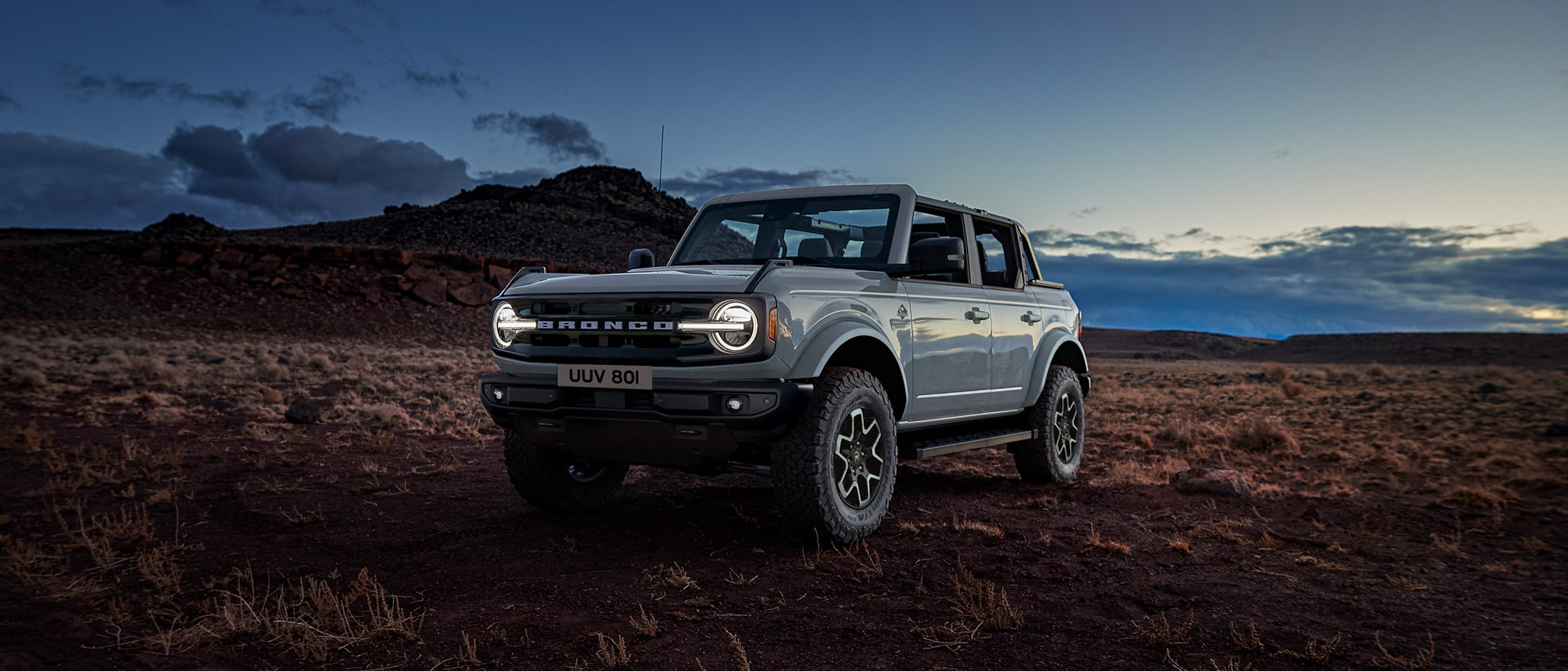 Ford Bronco front view parked off-road