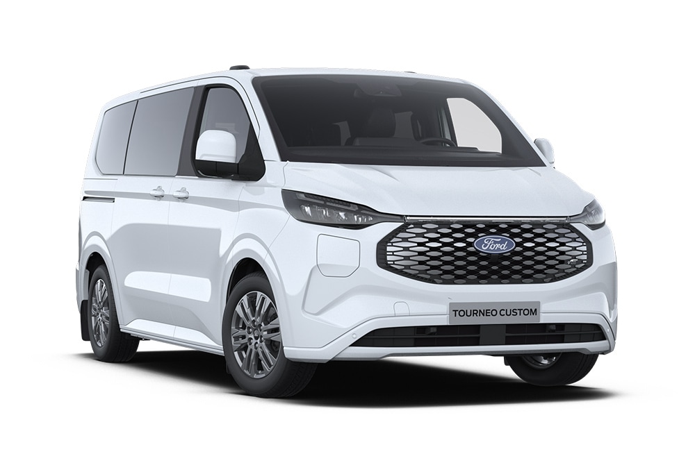 Pohled zleva zepředu na bílý Ford E-Tourneo Custom Titanium.