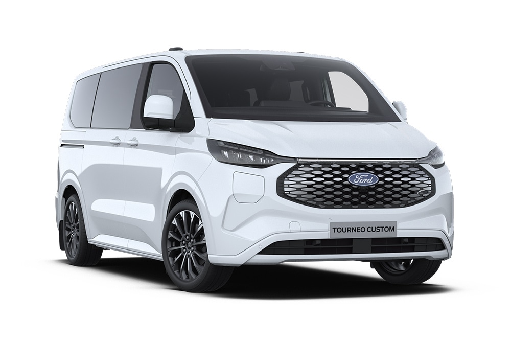 Pohled zleva zepředu na bílý Ford E-Tourneo Custom Titanium X.