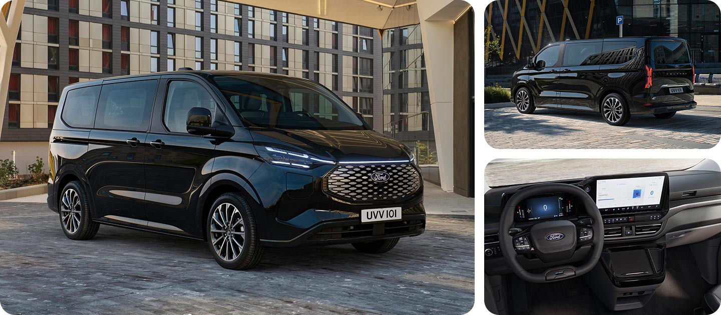 Před moderní budovou parkuje černý Ford E-Tourneo Custom při pohledu z boční a zadní strany.
