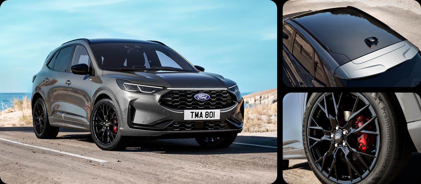 Šedý Ford Kuga se sadou Black, s detailním záběrem na černá 20" kola z lehkých slitin a černé exteriérové detaily.