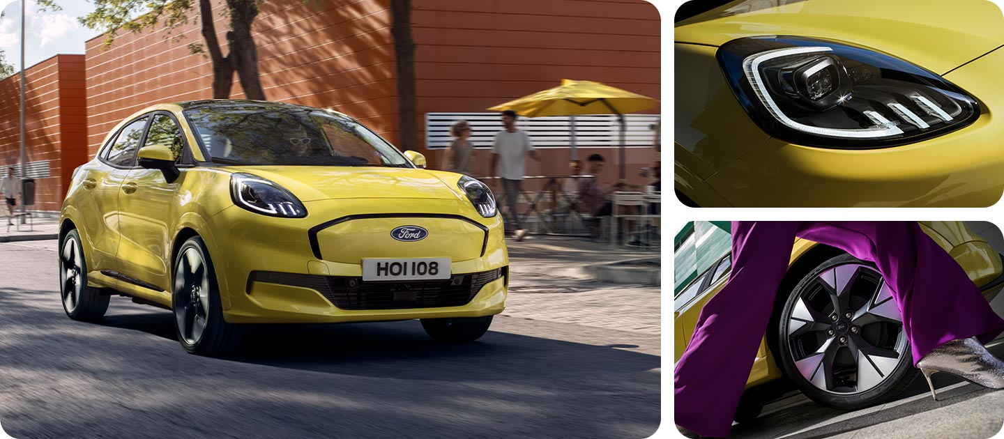 Fotografie v mřížce zobrazují žlutý Ford Puma Gen-E® s detaily předních světlometů a stylových kol z lehké slitiny.