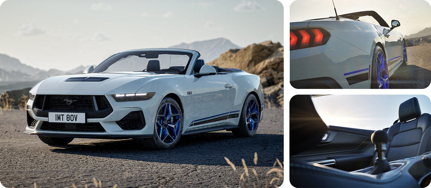 Three photos in a grid showing a white Ford Mustang GT Convertible California Special on a mountain road.