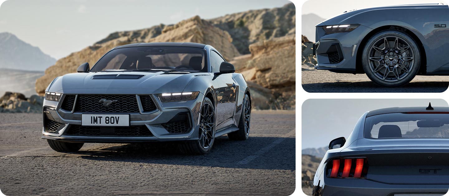 Three photos in a grid showing a grey Ford Mustang GT Fastback Nite Pony Coupe on a mountain road.