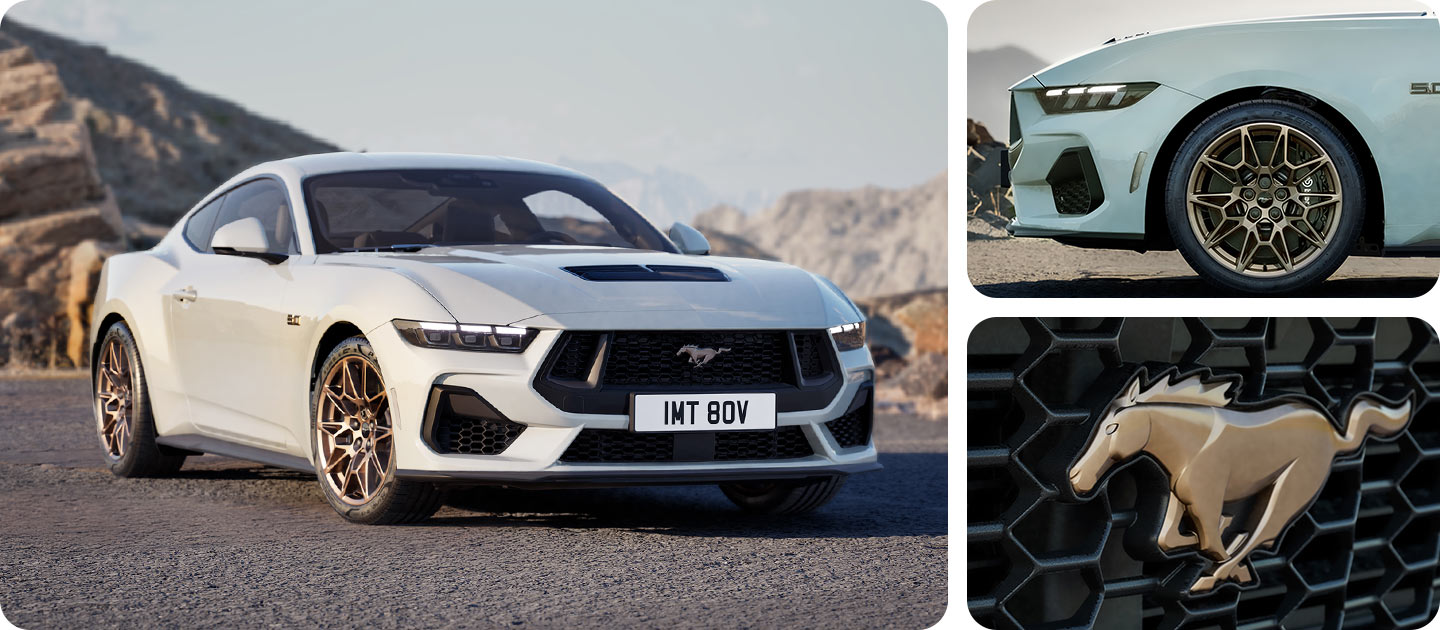 Three photos in a grid showing a white Ford Mustang GT Coupe with Bronze Pack on a mountain road.