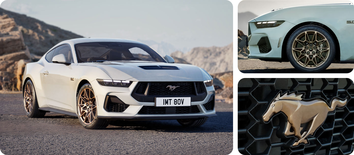 Tři fotografie v mřížce zobrazující bílý Ford Mustang GT Coupe s paketem Bronze Pack na horské silnici