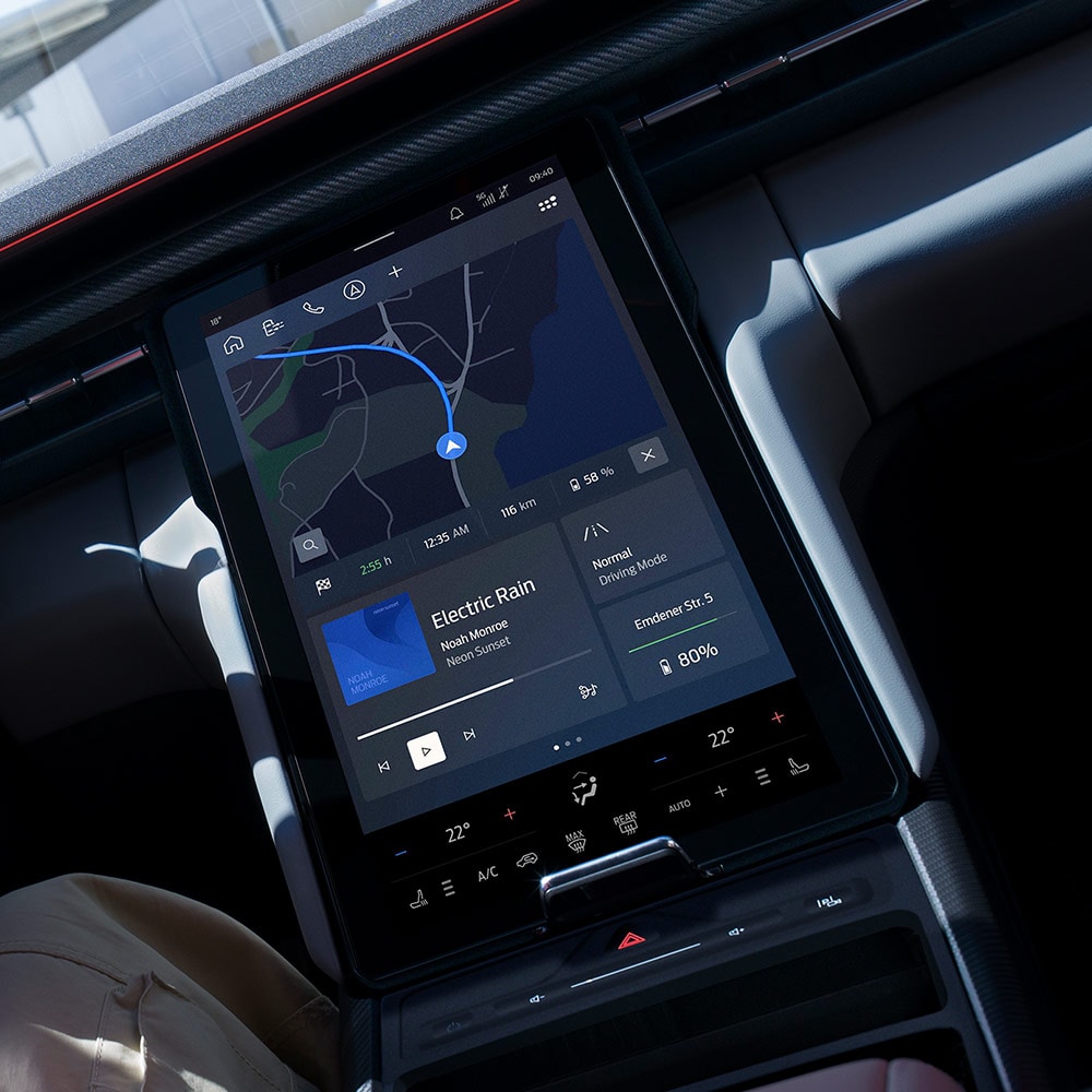 Detailní záběr palubní desky Fordu Capri®, která zobrazuje funkce Connected Nav.