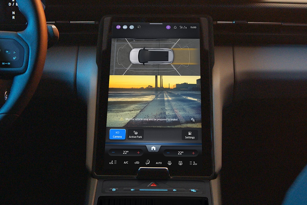 Close-up of the new Ford Capri® touchscreen using 360° cameras and park assist technology.