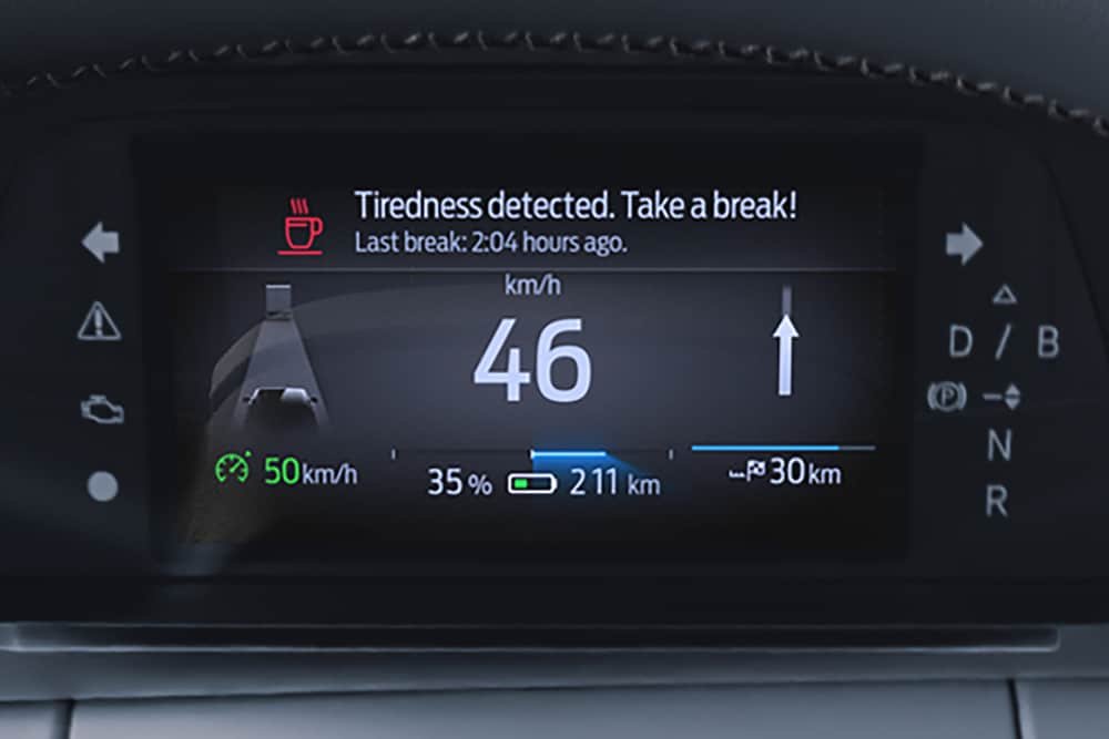 Close-up of the Ford Capri® Driver Alert dashboard showing when it's time to rest.