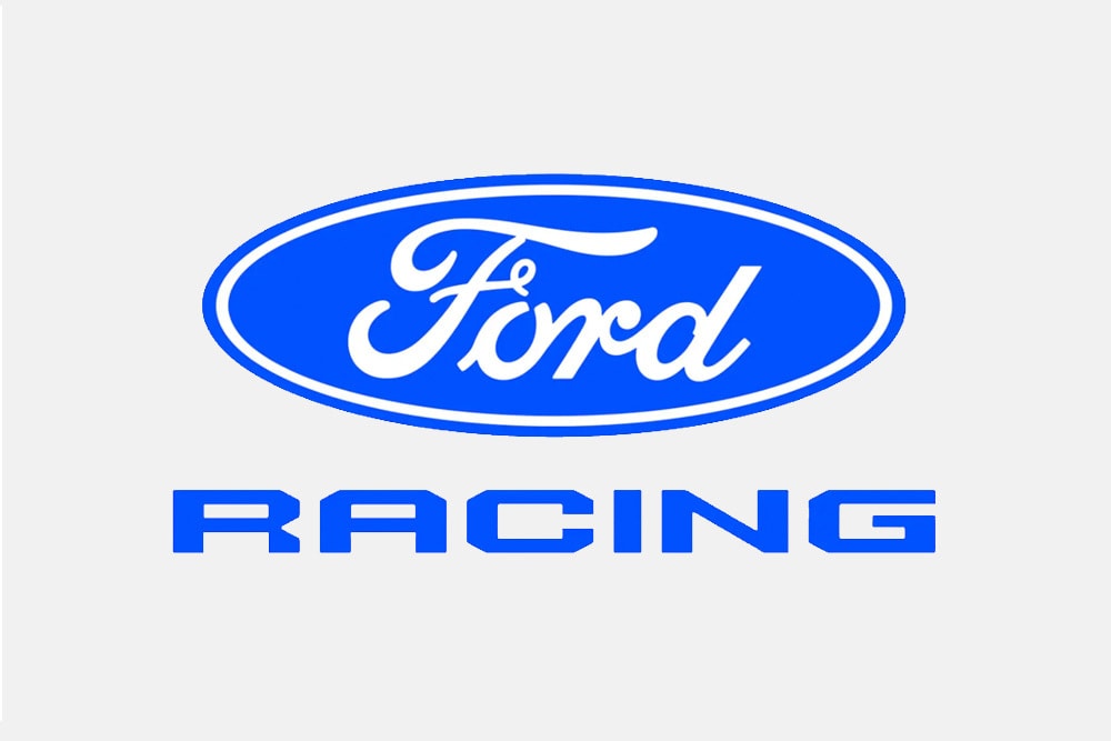 Oficiální logo Ford Racing na bílém pozadí.