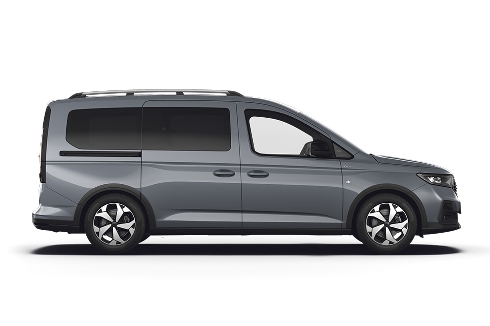 Šedý Ford Tourneo Connect, který je součástí řady vozů pro přepravu osob.