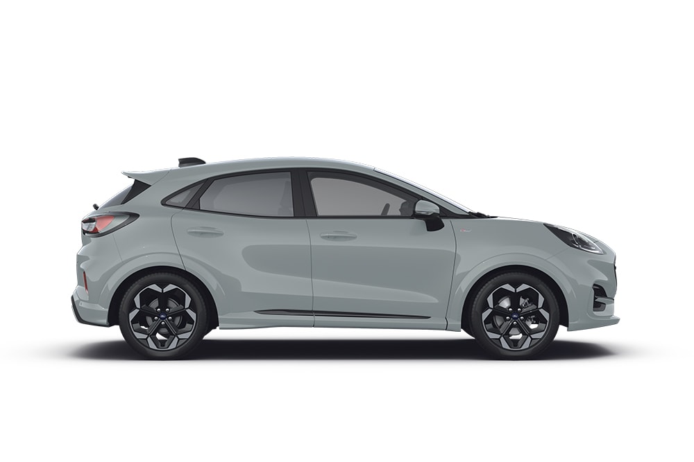 Šedý Ford Puma ST, součást řady sportovních vozů Ford.