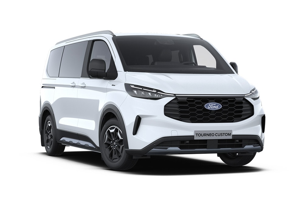 Pohled zleva zepředu na bílý Ford Tourneo Custom Active.