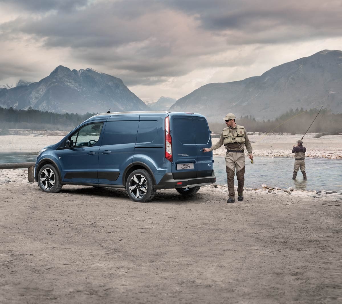 Ford Transit Connect Active rear doors on display, parked by a river