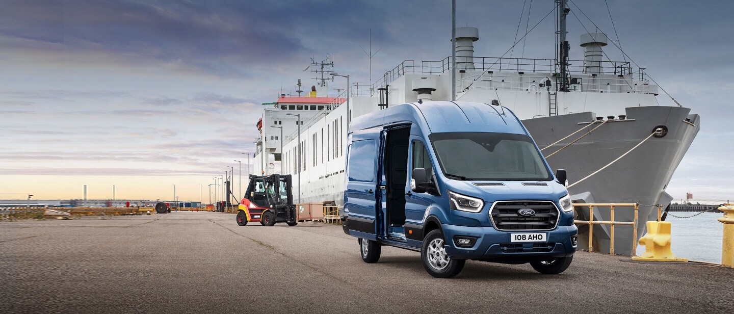 New Blue Ford Transit Van parked outside ship New Blue Ford Transit Van parked outside ship