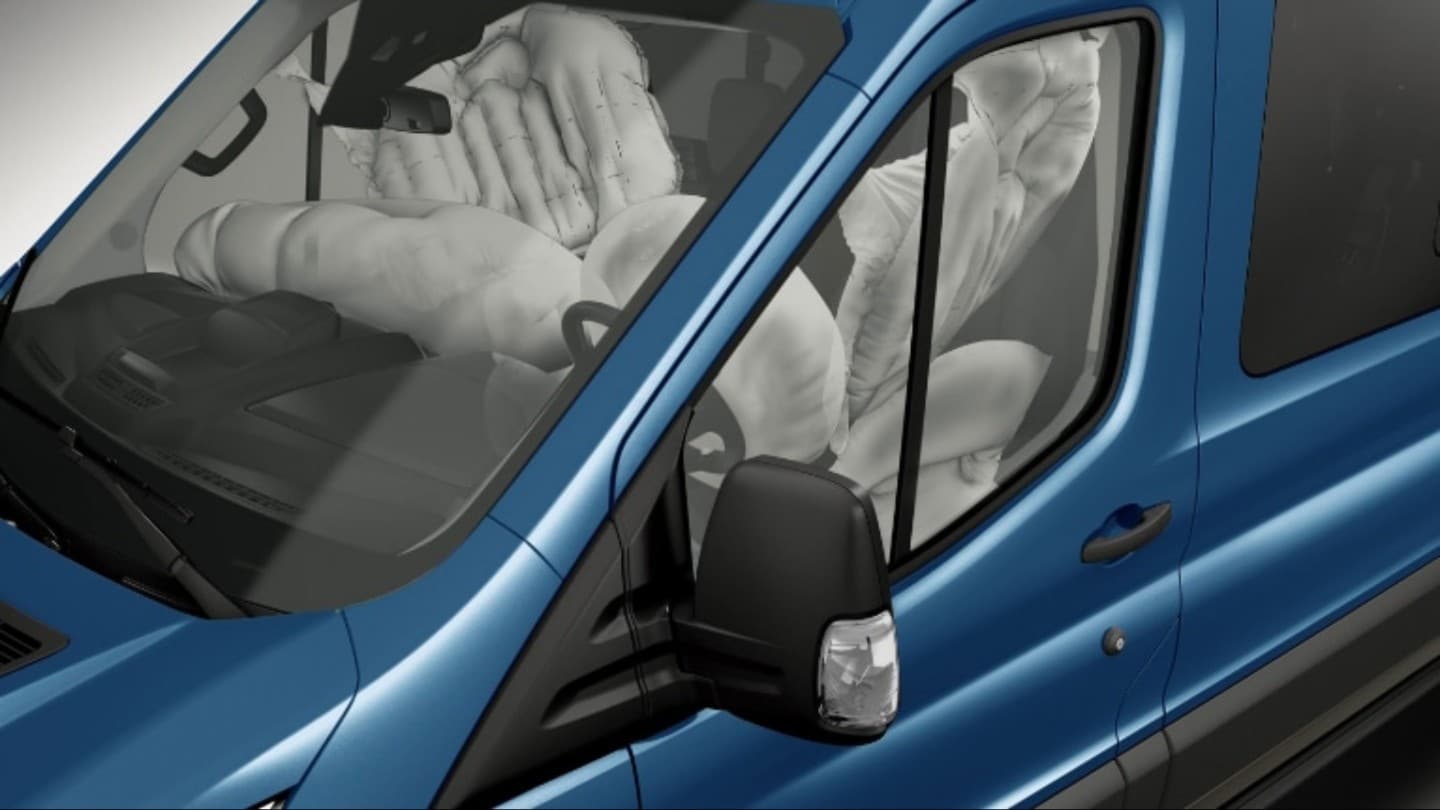 Close up view of the new Ford Transit showing the air bags inflated
