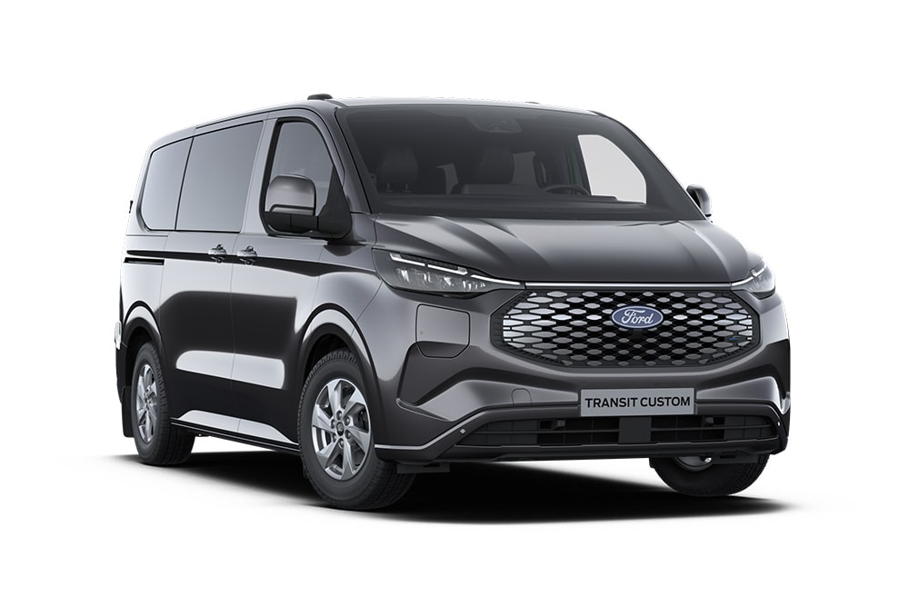 Pohled zepředu na tmavě šedou dodávku Ford E-Transit Custom Kombi Limited.