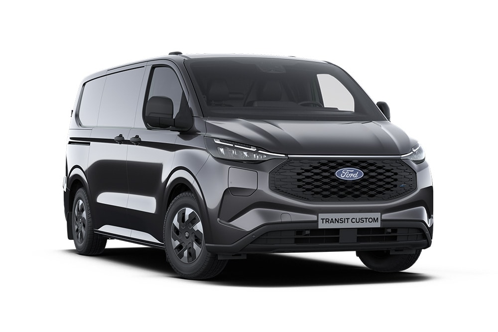 Pohled zepředu na tmavě šedou dodávku Ford E-Transit Custom Trend.