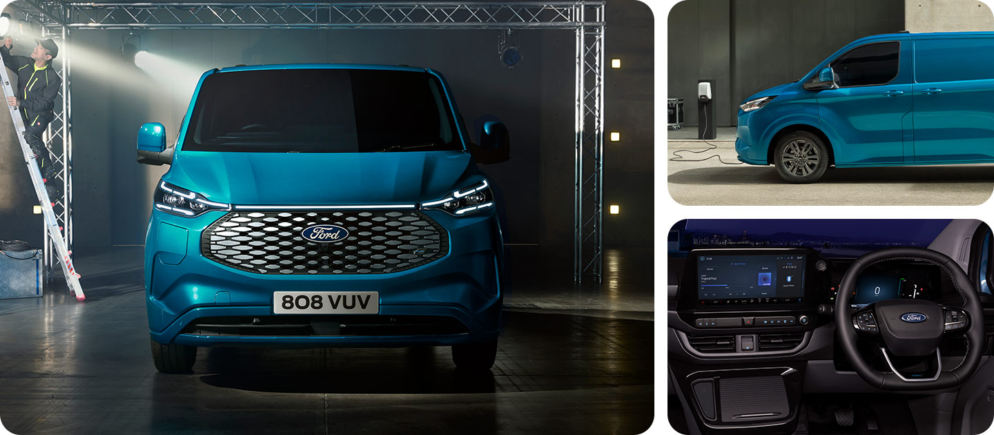 Pohled zepředu na modrou elektrickou dodávku Ford E-Transit Custom.