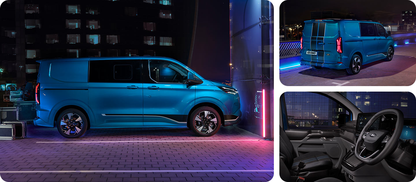 Boční pohled na modrou dodávku Ford E-Transit Custom DCiV v noci.