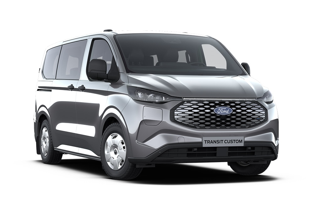 Pohled zepředu na tmavě šedou dodávku Ford E-Transit Custom Kombi Leader.