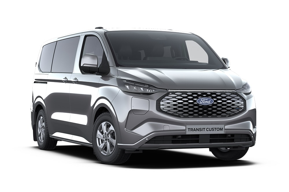 Pohled zepředu na tmavě šedou dodávku Ford E-Transit Custom Kombi Limited.