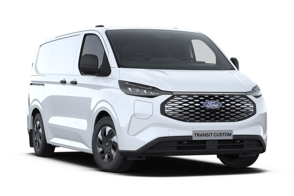 Pohled zepředu na bílou elektrickou dodávku Ford E-Transit Custom.