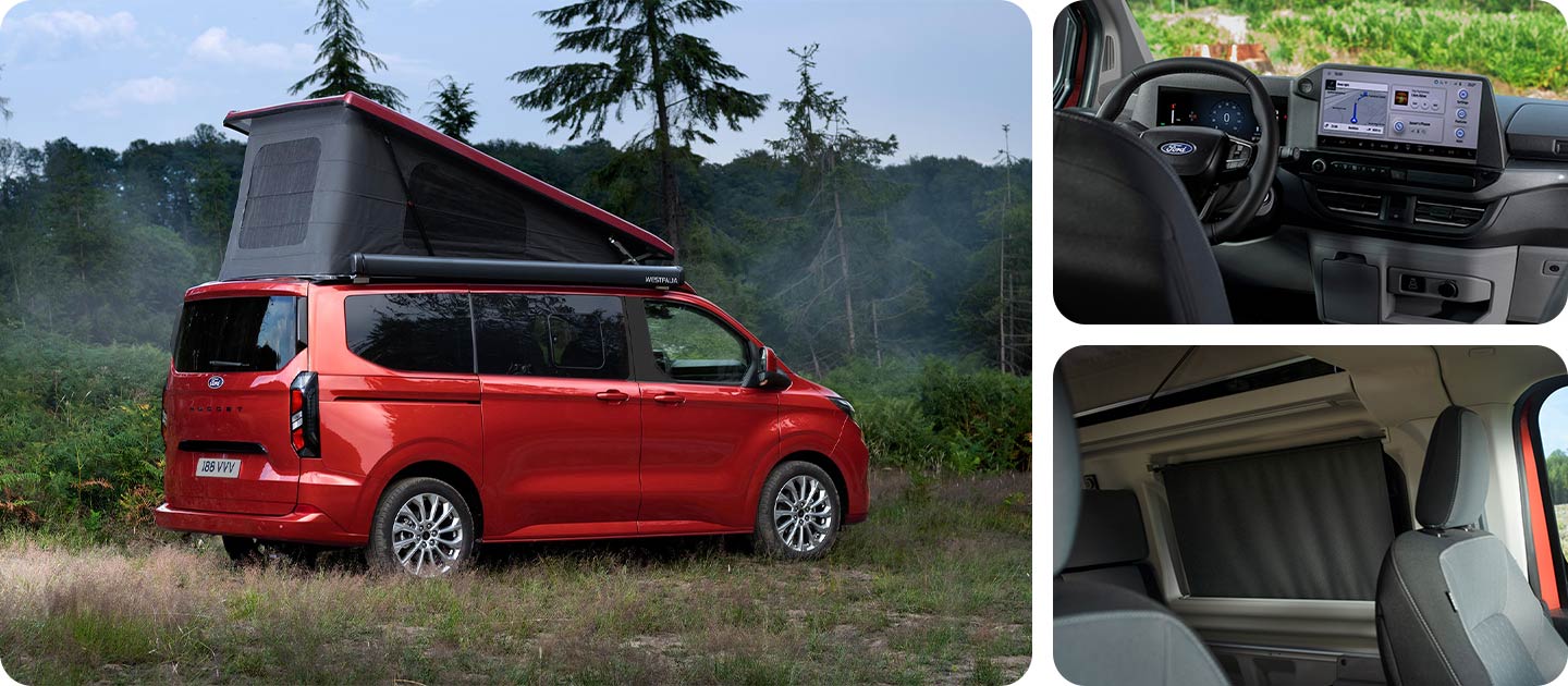 Červený obytný vůz Ford Transit Custom Nugget s vyklopenou střechou se samoskládací látkou u lesa.