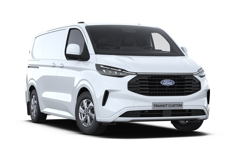 Bílý Ford Transit Custom Van.