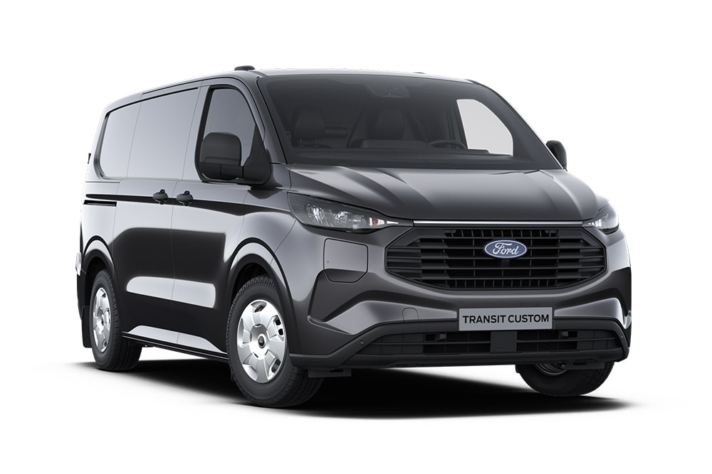 Pohled zepředu na tmavě šedou dodávku Ford Transit Custom Trend.