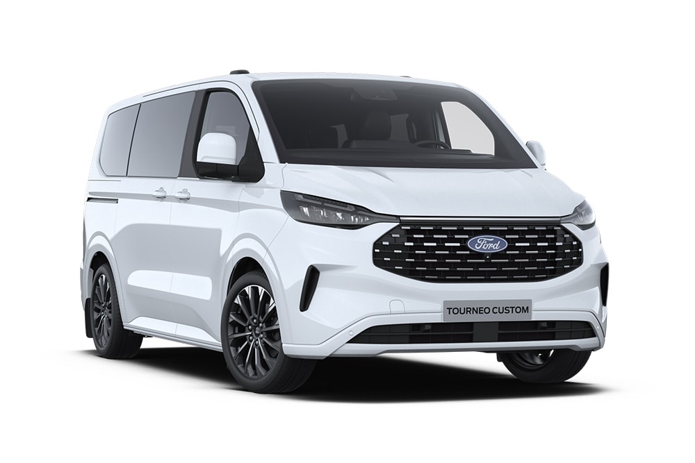 Pohled zleva zepředu na bílý Ford Tourneo Custom Titanium X.
