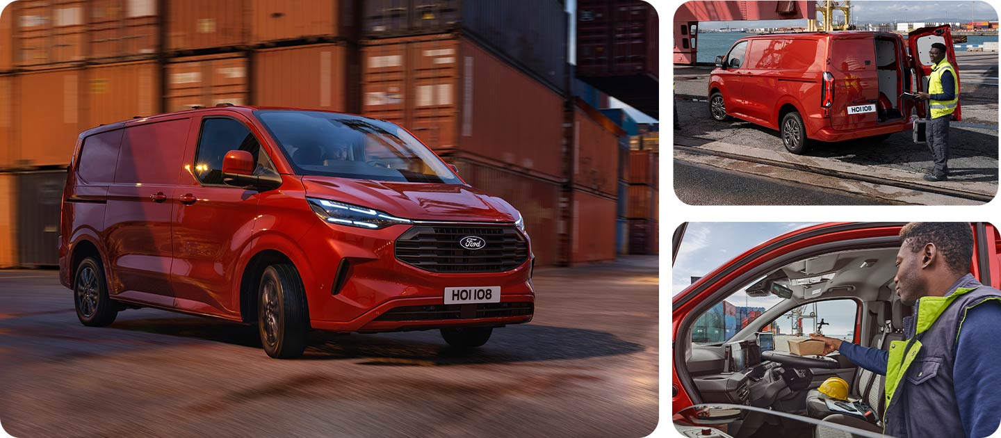 Červená dodávka Ford Transit Custom projíždí přístavištěm.