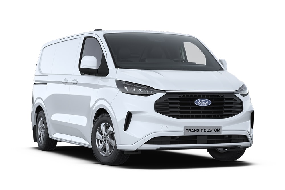 Bílý Ford Transit Custom Van.