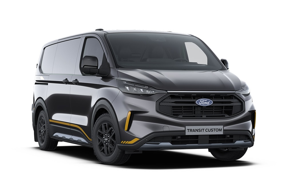Pohled zepředu na tmavě šedou dodávku Ford Transit Custom Trail.